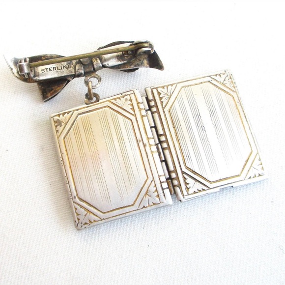 Sterling Silver Dangling Book Locket & Bow Pendant Brooch - 1 3/8" Tall - Picture 2 of 11